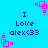 Blue background with repeated text "I Love alex<33" and pink square-shaped pixel art elements in four corners.