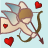 Pixelated icon of a winged figure holding a bow and arrow, surrounded by red hearts on light blue background.