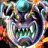 Pixelated anime-style face with wide eyes and open mouth showing teeth, surrounded by colorful abstract shapes on black background.
