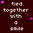 Dark red background with repeated white text 'tied together with a smile' and scattered pink stars, some of which change position across frames.