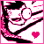 Pixelated icon of a smiling figure with dark hair, pink and black outlines, holding a heart symbol against a white background.