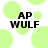 Pixelated green circles float over black text reading 'AP WULF' on a white background.