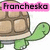 Pixelated turtle with brown shell and green limbs under pink text reading 'Franchesko' on white background.