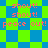 Pixelated text 'shout! shout! peace out!' repeated on a blue and green checkered background with alternating patterns