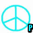 Six peace sign icons in cyan, magenta, purple, yellow, and green arranged in two with black rectangular text boxes containing single letters