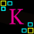Pixelated name 'Kelsey' in bright colors with surrounding square blocks on black background, static display.