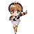 Pixel art character with brown hair and green eyes in multiple poses, wearing a black jacket and white skirt against gray background.