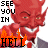 A 3x2 contact sheet of six animated frames showing a red cartoon devil with horns, white teeth, and orange flames beneath the word "HELL" on a gray background.
