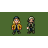 Pixel art animation of two characters in yellow and green jackets against a solid background, showing sequential movement frames.
