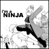 Black-and-white pixelated image of a ninja character in mid-action pose with text 'I'm a NINJA' on the left side.