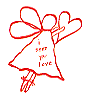 Red line-drawn angel figure with heart-shaped wings, holding a heart, wearing dress with text "i save you love" on white background.