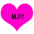 Two identical pink heart-shaped icons with black text "MJ!!" centered on each, displayed side-by-side against a white background.