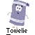Pixelated character in purple towel-like outfit with white trim, standing on light orange feet against gray background; text "Towelie" below.