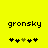 Yellow background with black text 'gronsky' and two of five pixelated symbols, each containing four black symbols and one green symbol