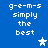 Blue background with white pixelated text 'g-e-m-s simply the best' and a star symbol that alternates between solid white and light blue.