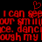 Red pixelated text on black background with a heart symbol above, repeating phrases about seeing and dancing through laughter.