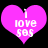 Two identical pink heart-shaped icons with white text reading "I love SOS" on a black background, each featuring a small white dot near the top center.