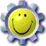 Three identical static smiley face icons arranged in a 2x2 contact sheet with one empty space, each featuring a yellow circular face inside a blue gear-like border on a gray background.