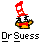 Pixel art character with red hat and yellow outfit, text 'Dr Suess' below on gray background