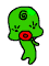 Green cartoon character with spiral symbol on head, red circular mouth, and purple object held in hand across multiple poses.