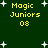 Dark green background with scattered white star shapes and yellow text reading "Magic Juniors 08" in four identical arrangements.