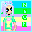 Pixel art character with light purple hair and blue eyes, wearing a green shirt with pink heart, standing against striped background with vertical 'NEON' text.
