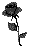 Pixelated grayscale rose with dark petals, single stem, and two leaves on a light gray background.