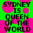 Green and pink pixelated text reads 'SYDNEY IS QUEEN OF THE WORLD' with a glitched appearance.