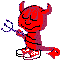 Red devil character with horns, tail, and pitchfork in two poses: closed eyes on left, open eyes on right.