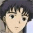 A 48x48 pixel buddy icon featuring a split composition with an anime-style character on the left and stylized text on the right against a black background.