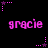 Pixelated pink text 'gracie' repeated across black background with scattered star-shaped and dotted line elements.