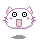 Pixelated white cat face with pink cheeks, black square eyes, and open mouth showing pink tongue against gray background.