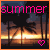 Pixelated summer scene with pink 'summer' text, dark silhouettes of trees against a sunset sky, and two heart icons at the bottom.