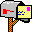 Pixel art animation of a mailbox icon with changing door patterns across three frames, featuring red flag and checkered pole on gray background.