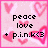 Pixelated pink square icon with heart motifs and text reading 'peace love + p.i.n.k<3' in black block letters.