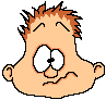 Pixelated cartoon head with spiky brown hair, two expressions: left shows squinted eyes and downturned mouth; right shows wide eyes and open mouth with pink tongue.