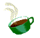 Animated sequence showing a green cup with brown liquid and steam transforming into a swirling spiral pattern.