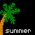 Two pixelated palm trees with orange trunks and green fronds on black background, each labeled 'summer' in distinct text styles.