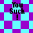 Pixelated text "You Such!" appears over shifting purple and cyan checkered backgrounds in four distinct arrangements.