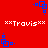Red background with blue square-based pixel art icons and white text reading "xxTravisxx" in two