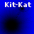 Four blue each display "Kit-Kat" text above a black circular shape with a small dot, arranged in a