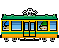 Pixel art contact sheet of two animated tram frames showing character changes in windows against gray background