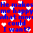 Red background with blue text repeating 'He makes me happy what more could I want?' and scattered white pixelated hearts.
