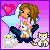 Animated contact sheet of a pixel art icon featuring a girl with brown curly hair holding cats, surrounded by hearts and