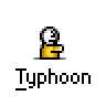 Animated contact sheet showing 17 sequential frames of a yellow stick figure character running with motion effects, labeled "Typhoon" beneath each frame on gray background.