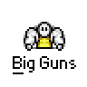 Animated contact sheet of a pixel art character with white hair and yellow shirt holding two large guns, displayed across 13 frames in a 4x4 grid layout on gray background.