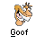Pixelated cartoon head with brown hair, wide eyes, and a large grin showing teeth, positioned above text labels on a gray background.
