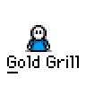 A 4x3 contact sheet of pixel art frames showing a character with white face and blue shirt displaying various expressions above the text "Gold Grill".