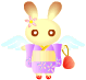 Pixelated bunny with light yellow body, brown eyes, and pink flower on head, wearing purple kimono with floral patterns, holding red bag, standing on gray background.