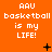 Orange background with repeated white text "AAU basketball is my LIFE!" and scattered black pixel symbols including plus signs, asterisks, X's, dots, and ellipses.
